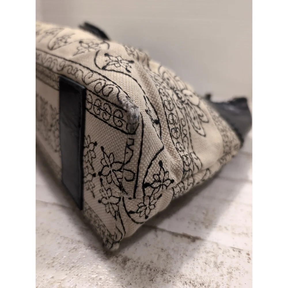 Kate Landry Beige & Black Embroidered Hobo Bag with Bamboo Accents